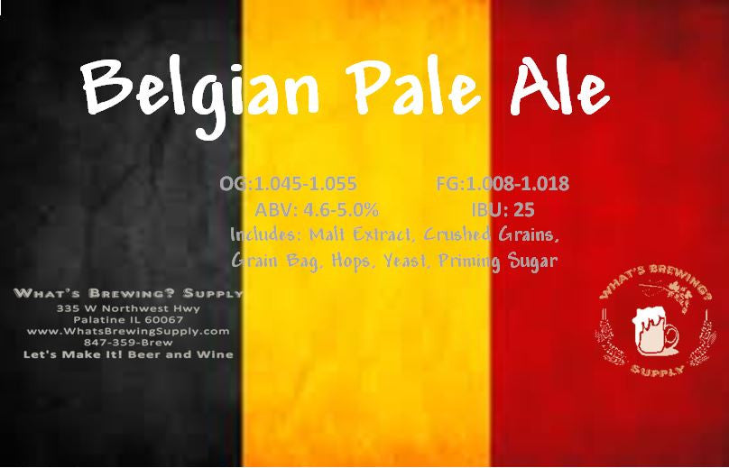 What's A Belgian Pale Ale Beer Recipe Kit. Kit includes: malt extract, crushed grains, grain bag, hops, yeast, priming sugar. 4.6-5% ABV and 25 IBU