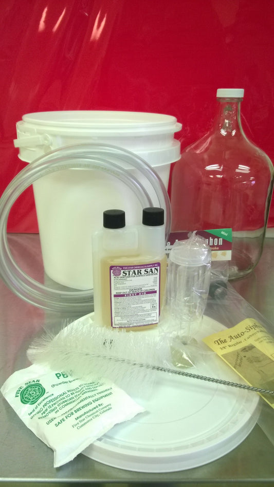 One gallon beer or wine brewing kit. Sanitizer, Cleaner, Auto-Siphon, 1 gallon jug, bucket, cleansing tools.