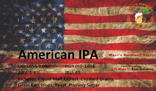 What's An American IPA? Beer Recipe Kit. Kit Includes: liquid malt extract, crushed grains, grain bag, hops, yeast, priming sugar. 5-6% ABV and 45 IBU