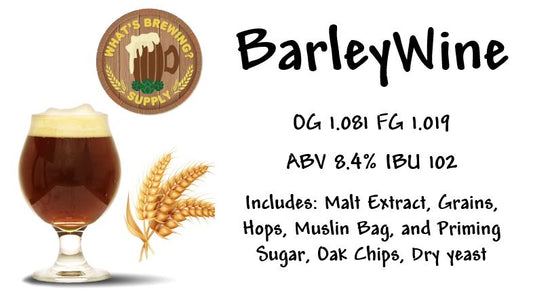 BarleyWine Ingredient Kit. Kit Includes: Dry Malt extract, Malto Dextrin, Crushed Grains, Hops, Priming Sugar, Muslin Bag, Wood Chips,Yeast. Makes 5 gallons at 8.4% ABV and 102 IBU.
