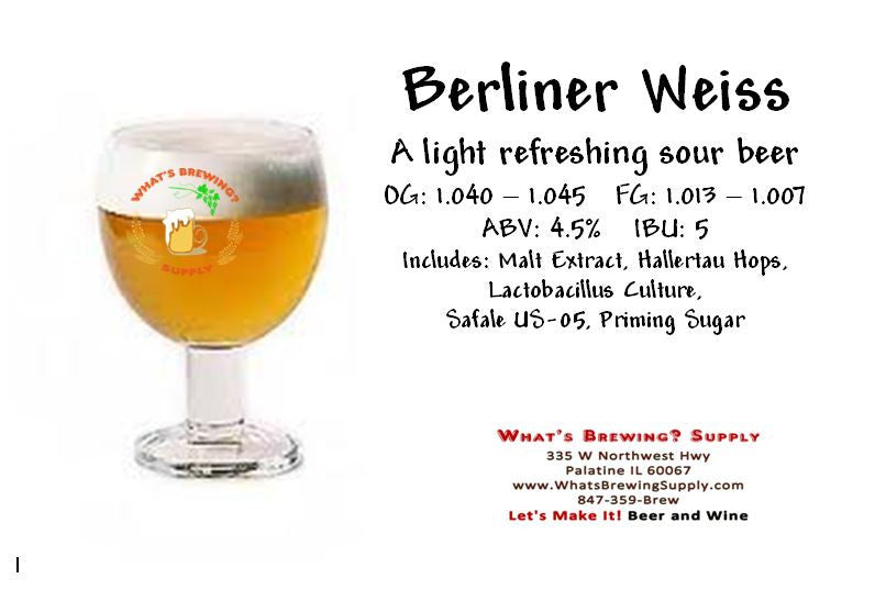 What's A Berliner Weiss Beer Recipe Kit. Kit includes: malt extract, Hallertau hops, Lactobacillus culture, Safale US-05, priming sugar. 4.5% ABV and 5 IBU