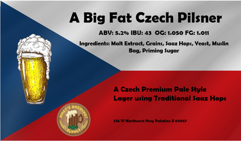 Czech Premium Pale Ale Style Lager Brewing Kit. Includes malt extract, grains, Saaz hops, yeast, muslin, bag priming sugar. Makes 5.5 gallons.