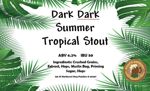 Dark Dark Summer Tropical Stout Ingredient Kit. Kit includes: crushed grains, extract, hops, muslin bag, priming sugar, hops. 6.2% ABV and 50 IBU