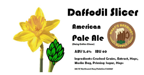 Daffodil Slicer Pale Ale Ingredient Kit. Kit includes crushed grains, extract, hops, muslin bag, priming sugar, hops. 5.4% ABV and IBU 60.