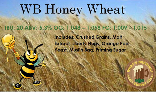 WB Honey Wheat Beer Ingredient Kit. Kit includes: crushed grains, malt extract, liberty hops, orange peel, yeast, muslin bag, priming sugar. 5.3% ABV and 20 IBU