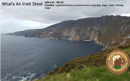 What's An Irish Stout Ingredient Kit. Kit includes: liquid malt extract, crushed grains, grain bag, hops, yeast, priming sugar. 4.6% ABV and 45 IBU