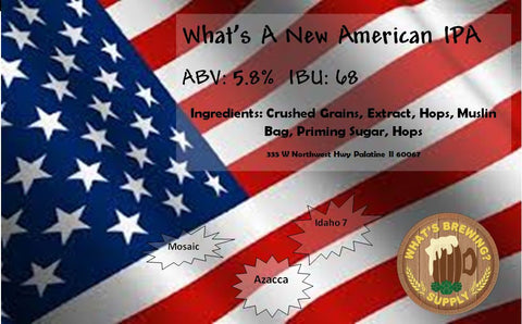 New American IPA Ingredient Kit. Kit includes: crushed grains, extract, hops, muslin bag, priming sugar, hops. 5.8% ABV and 68 IBU.