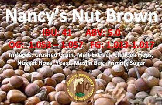 Nancy's Nut Brown Ale Ingredient Kit. Kit includes: crushed grain, malt extract, Chinook hops, nugget hops, yeast, muslin bag, priming sugar. 5% ABV and 41 IBU