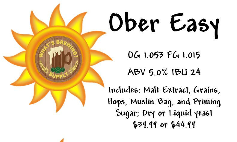 Ober Easy Ingredient Kit. Kit includes: malt extract, grains, hops, muslin bag, priming sugar, dry or liquid yeast. 5% ABV and 24 IBU