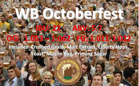 Octoberfest Ingredient Kit. Beer recipe kit includes: crushed grain, malt extract, liberty hops, yeast, muslin bag, priming sugar. 5.7% ABV and 22 IBU