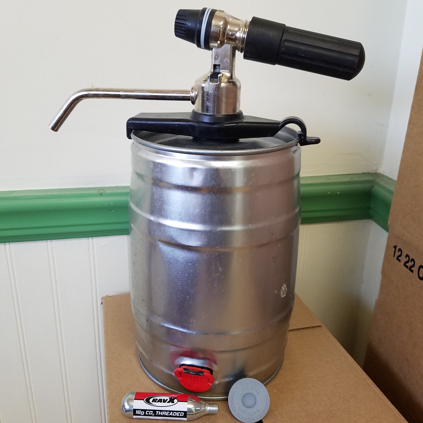 Party Star Keg Whole Package Bundle includes the Keg, the Tap, a Two Piece Bung, and a Co2 Cartridge