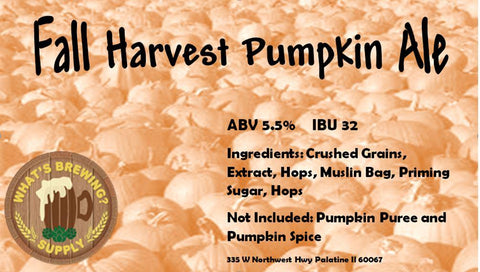 Fall Harvest Ale Ingredient Kit. Kit includes: crushed grains, extract, hops, muslin bag, priming sugar, hops. 5.5% ABV and 32 IBU.