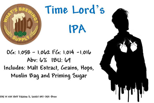 Time Lord's IPA Ingredient Kit. Kit includes: malt extract, grains, hops, muslin bag, and priming sugar . 6% ABV and 69 IBU