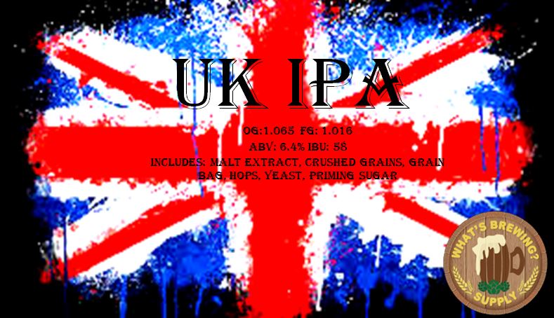 UK IPA Ingredient Kit. Kit includes: malt extract, crushed grains, grain bag, hops, yeast, priming sugar. 6.4% ABV and 58 IBU