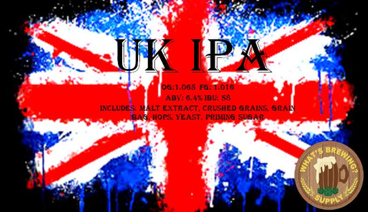 UK IPA Ingredient Kit. Kit includes: malt extract, crushed grains, grain bag, hops, yeast, priming sugar. 6.4% ABV and 58 IBU