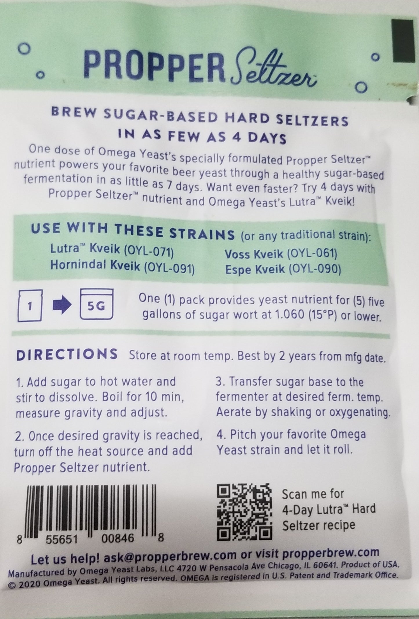 Omega Propper Seltzer Yeast Nutrient for Hard Seltzers back of packet